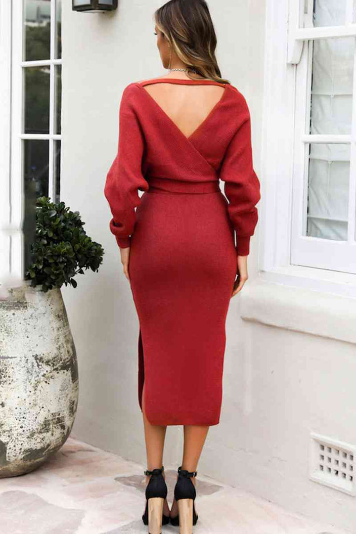 Surplice Neck Bow Waist Slit Sweater Dress |1mrk.com