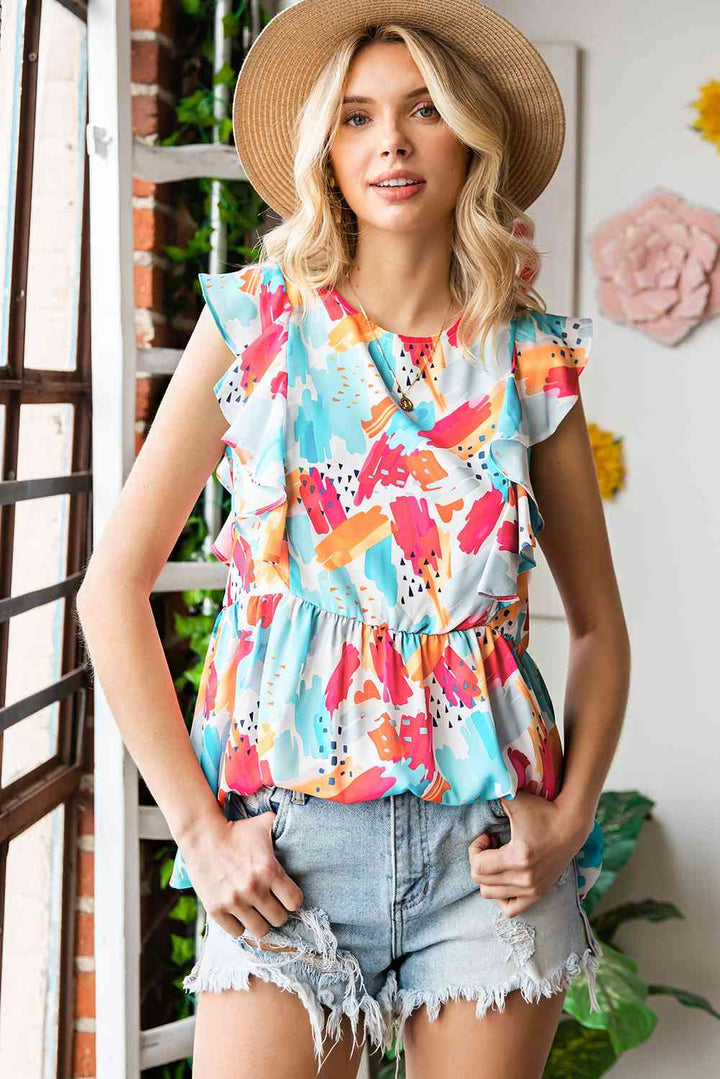 Printed Round Neck Ruffled Peplum Top | 1mrk.com