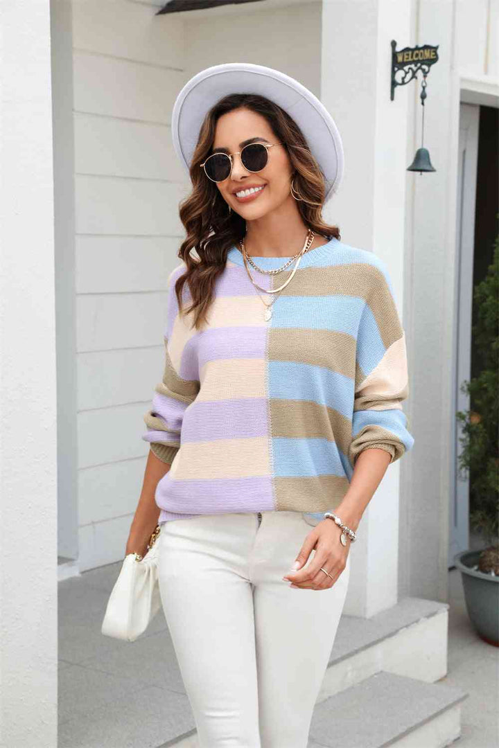 Round Neck Long Sleeve Color Block Dropped Shoulder Pullover Sweater |1mrk.com