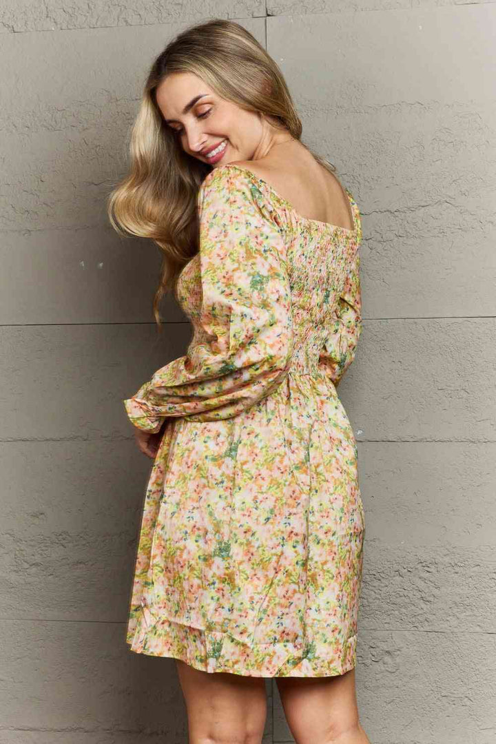 Floral Smocked Square Neck Dress |1mrk.com