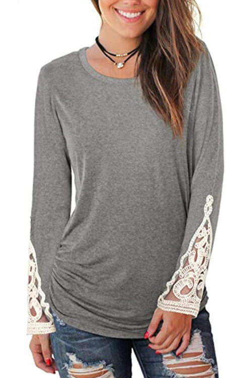 Lace Detail Long Sleeve Round Neck T-Shirt | 1mrk.com