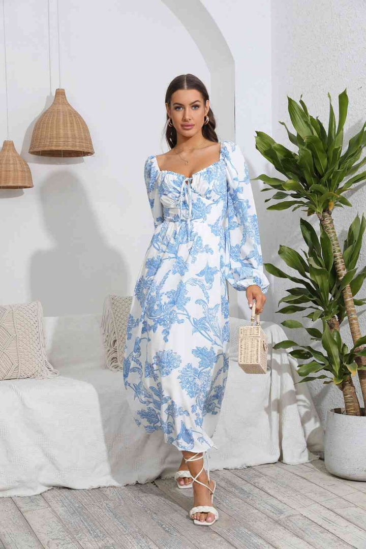 Floral Tie Front Sweetheart Neck Midi Dress |1mrk.com