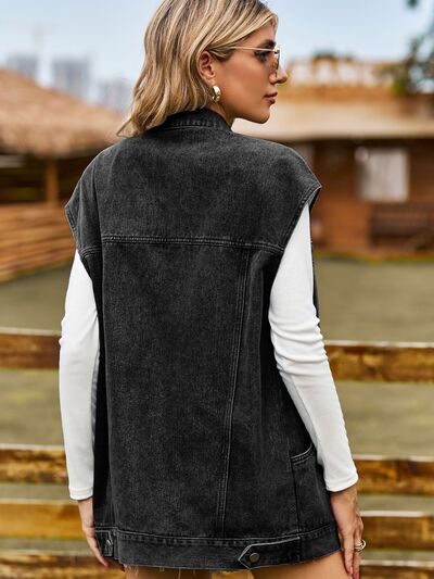 Button Up Collared Neck Sleeveless Denim Jacket | 1mrk.com