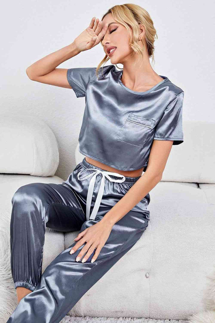 Satin Short Sleeve Crop Top and Joggers Lounge Set | 1mrk.com