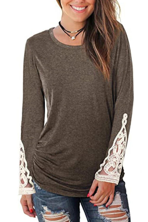 Lace Detail Long Sleeve Round Neck T-Shirt | 1mrk.com