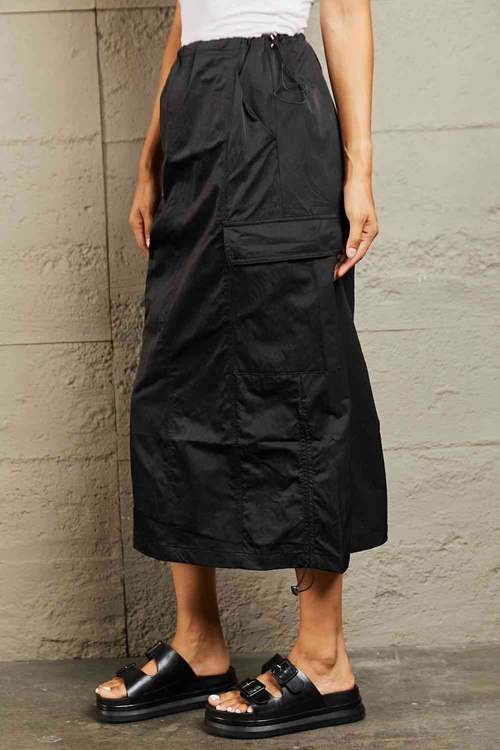 HYFVE Just In Time High Waisted Cargo Midi Skirt in Black |1mrk.com