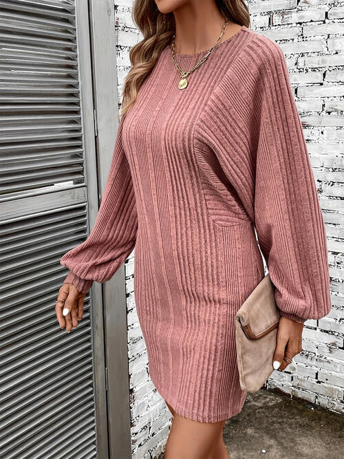 Ribbed Round Neck Long Sleeve Dress | 1mrk.com