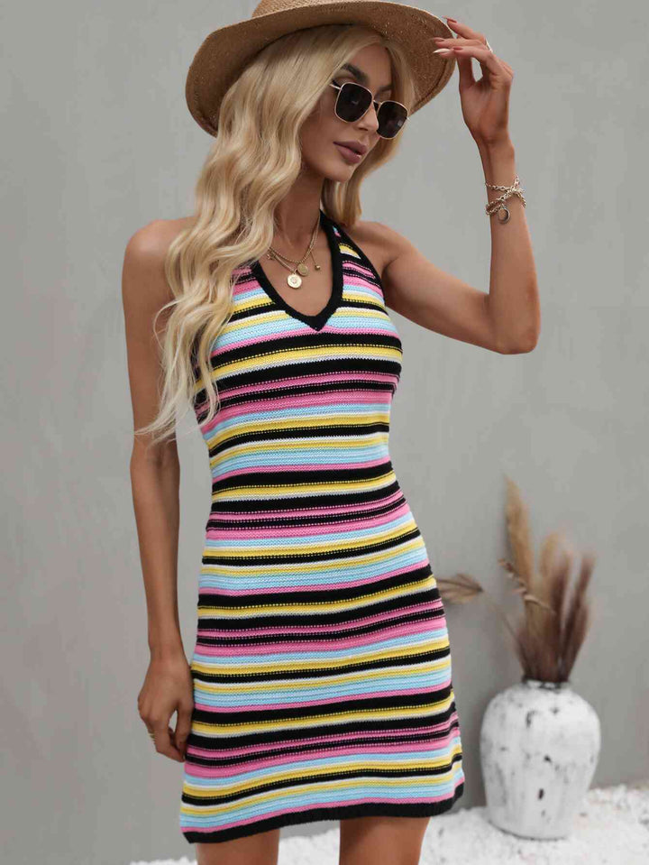 Striped Halter Neck Mini Sweater Dress |1mrk.com