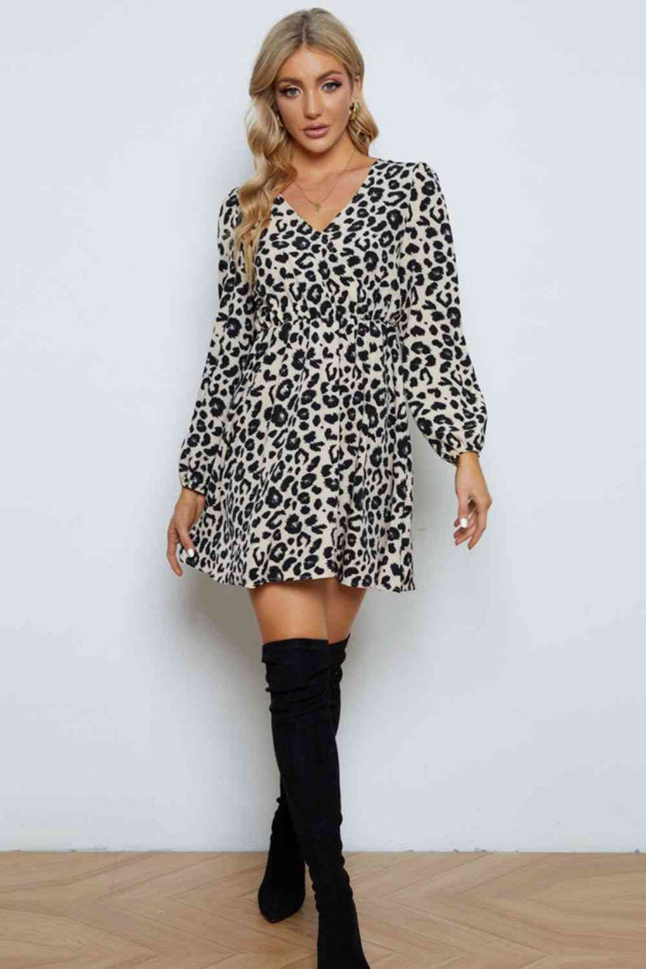 Leopard V-Neck Balloon Sleeve Dress |1mrk.com