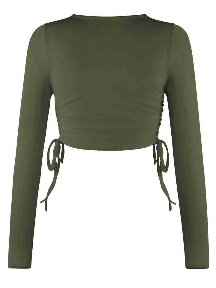 Drawstring Round Neck Long Sleeve Top | 1mrk.com