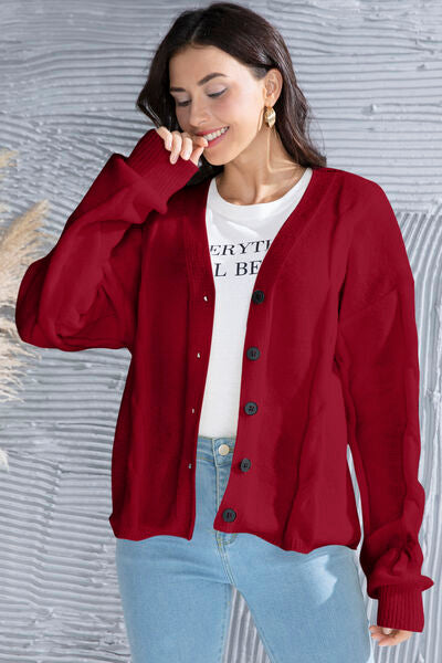 Button Up V-Neck Drop Shoulder Long Sleeve Cardigan |1mrk.com