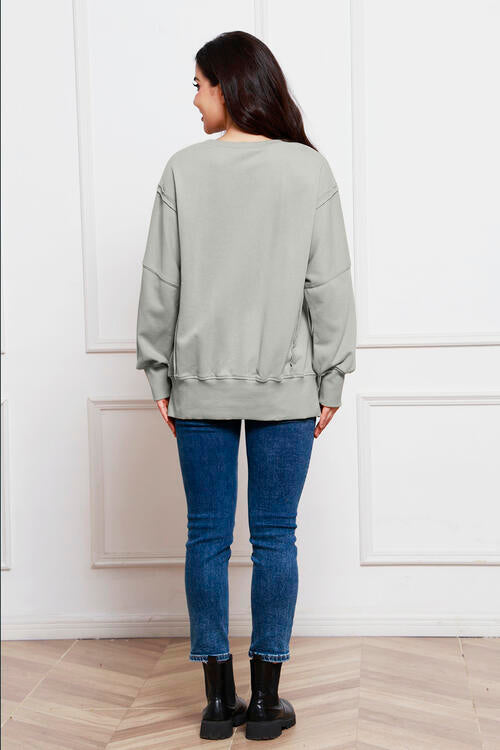 Exposed Seam Long Sleeve Slit Sweatshirt |1mrk.com