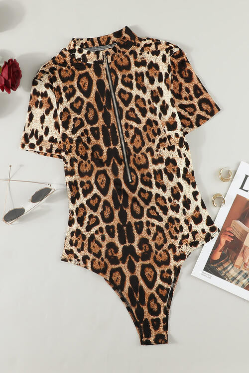 Leopard Half Zip Short Sleeve Bodysuit | 1mrk.com