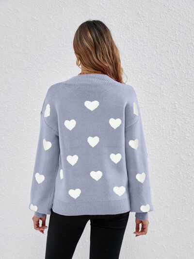 Heart Round Neck Dropped Shoulder Sweater |1mrk.com