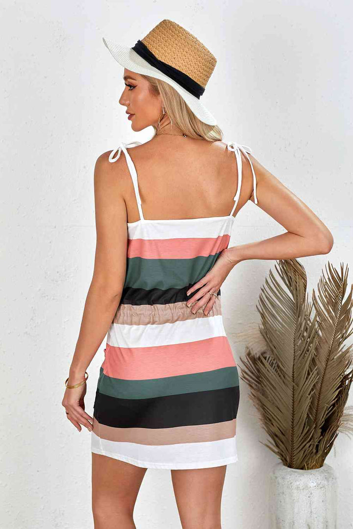 Striped Drawstring Waist Tie-Shoulder Mini Dress |1mrk.com