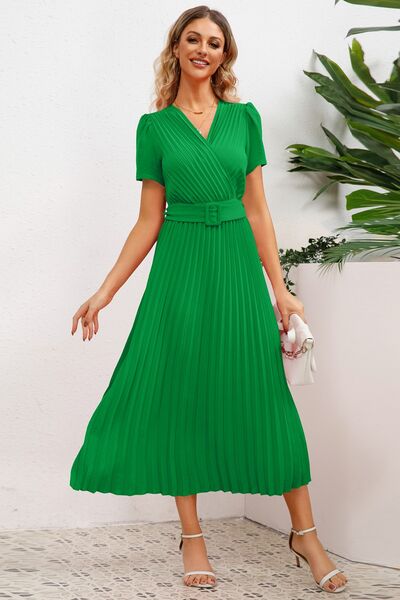 Pleated Surplice Short Sleeve Midi Dress |1mrk.com