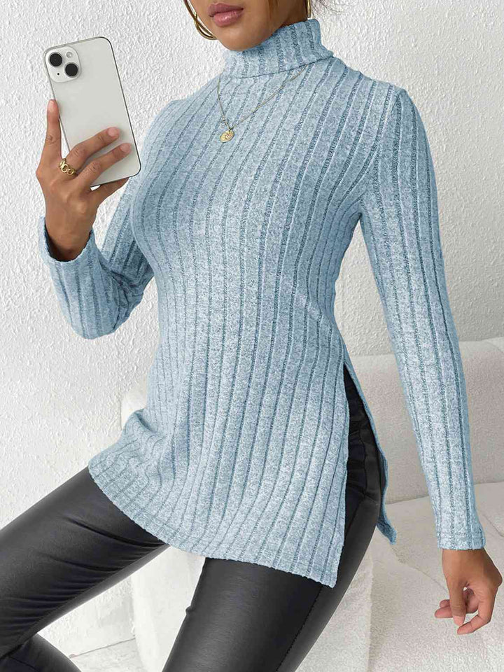 Ribbed Turtleneck Long Sleeve Slit T-Shirt | 1mrk.com