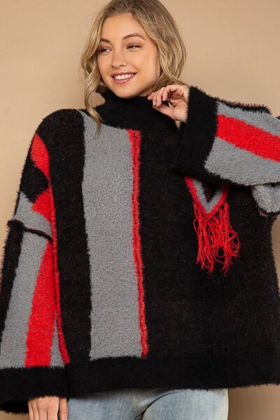 POL Turtleneck Color Block Fringe Detail Sweater |1mrk.com