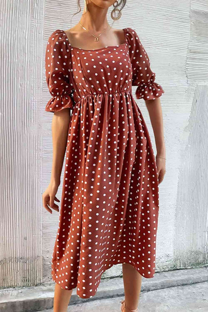 Polka Dot Square Neck Flounce Sleeve Dress | 1mrk.com