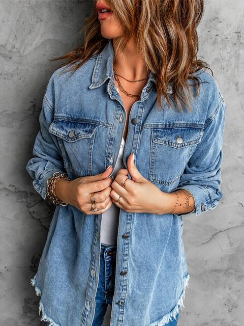 Frayed Hem Collared Denim Jacket | 1mrk.com