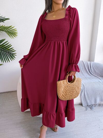 Smocked Square Neck Flounce Sleeve Dress |1mrk.com