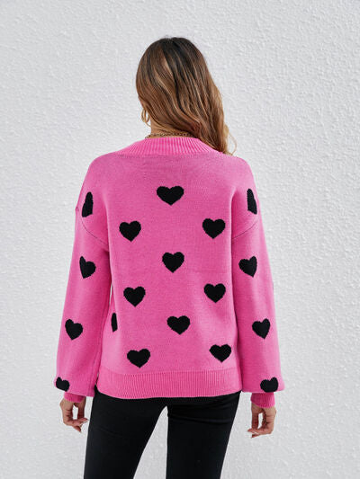 Heart Round Neck Dropped Shoulder Sweater |1mrk.com