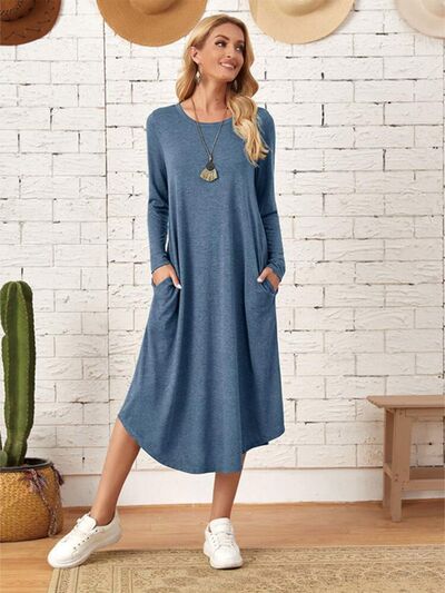 Pocketed Round Neck Long Sleeve Tee Dress | Trendsi