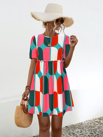 Geometric Frill Round Neck Short Sleeve Dress |1mrk.com