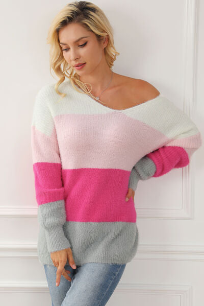 Color Block V-Neck Dropped Shoulder Sweater |1mrk.com