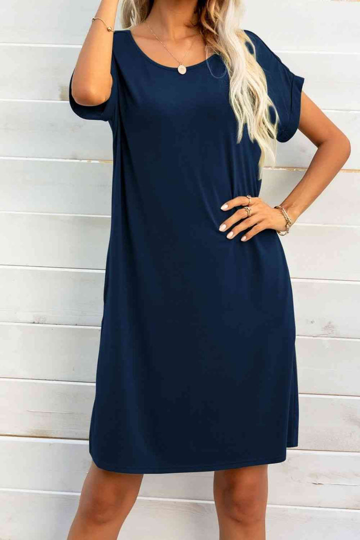 Scoop Neck Short Sleeve Pocket Dress |1mrk.com