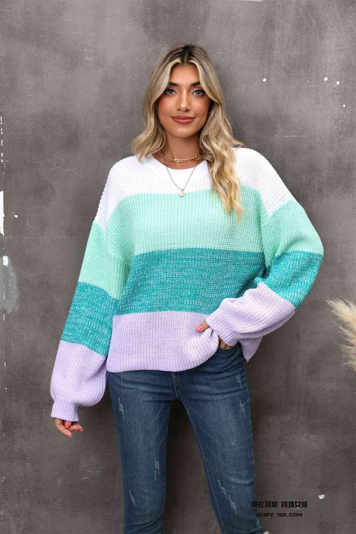 Color Block Round Neck Dropped Shoulder Sweater |1mrk.com