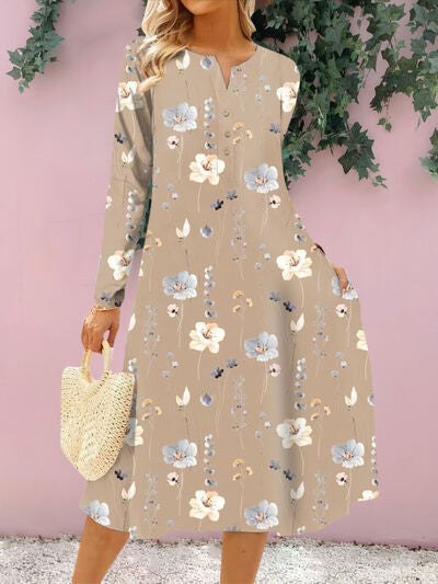 Floral Notched Long Sleeve Midi Dress |1mrk.com