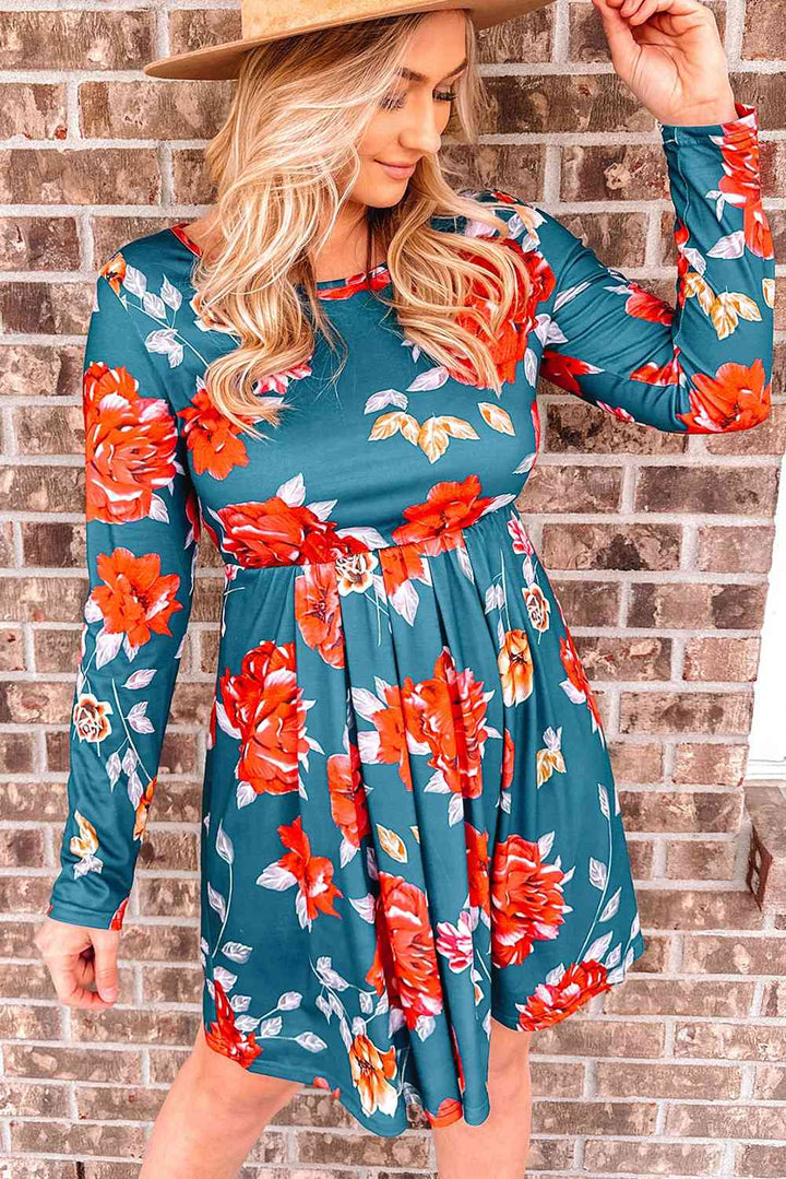 Floral Long Sleeve Pleated Detail Dress |1mrk.com