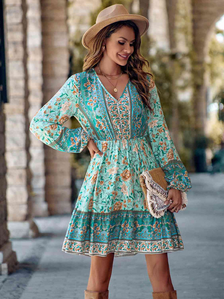 Bohemian V-Neck Long Sleeve Dress |1mrk.com