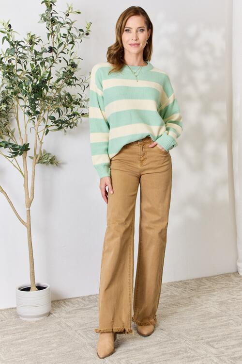 Sew In Love Full Size Contrast Striped Round Neck Sweater |1mrk.com