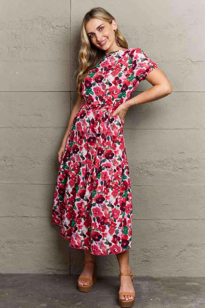 Full Size Belted Surplice Short Sleeve Midi Dress |1mrk.com