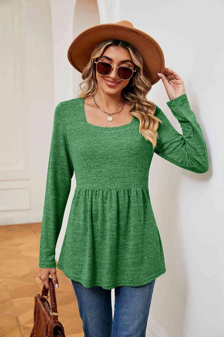 Square Neck Long Sleeve Peplum Top | 1mrk.com