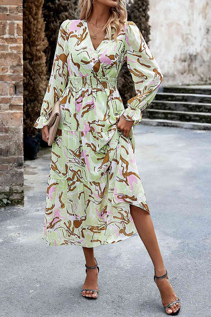 Printed Surplice Neck Flounce Sleeve Midi Dress |1mrk.com