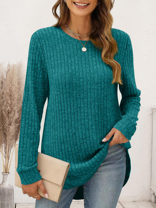 Ribbed Round Neck Long Sleeve T-Shirt | 1mrk.com