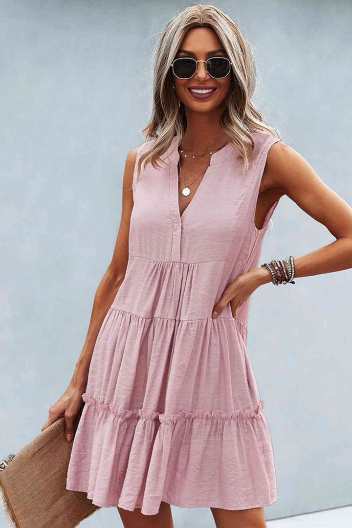 Frill Trim Notched Sleeveless Tiered Dress |1mrk.com