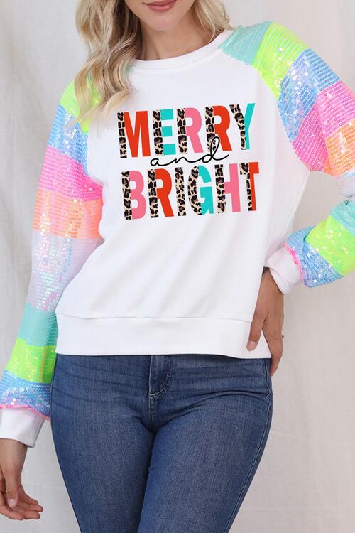 MERRY AND BRIGHT Sequin Long Sleeve Sweatshirt |1mrk.com