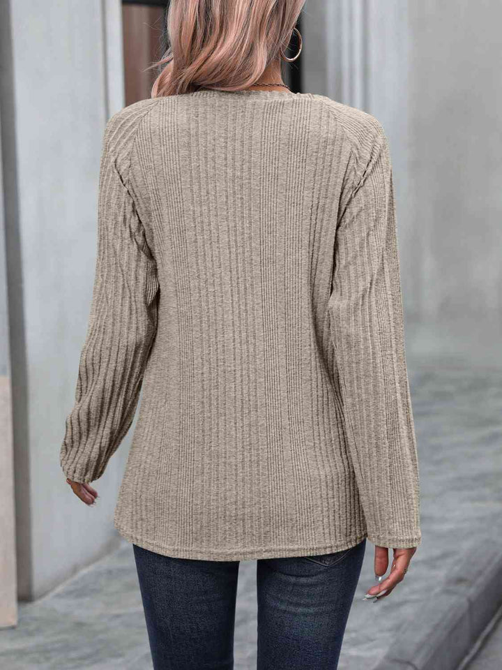 Ribbed Buttoned Round Neck Long Sleeve T-Shirt | 1mrk.com