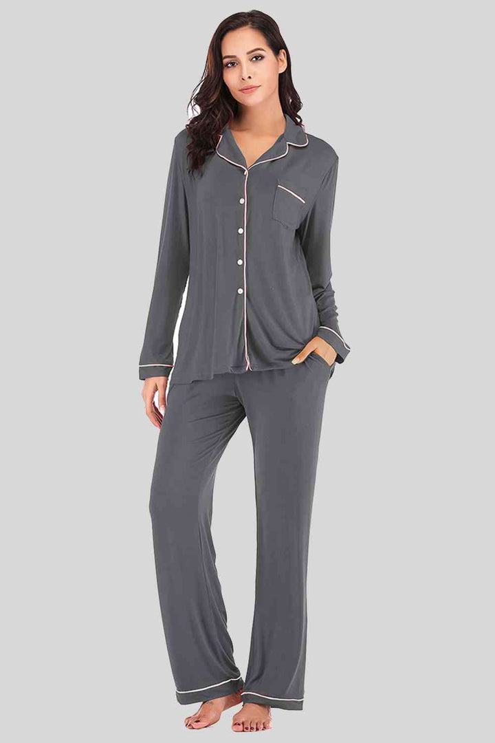 Collared Neck Long Sleeve Loungewear Set with Pockets | 1mrk.com