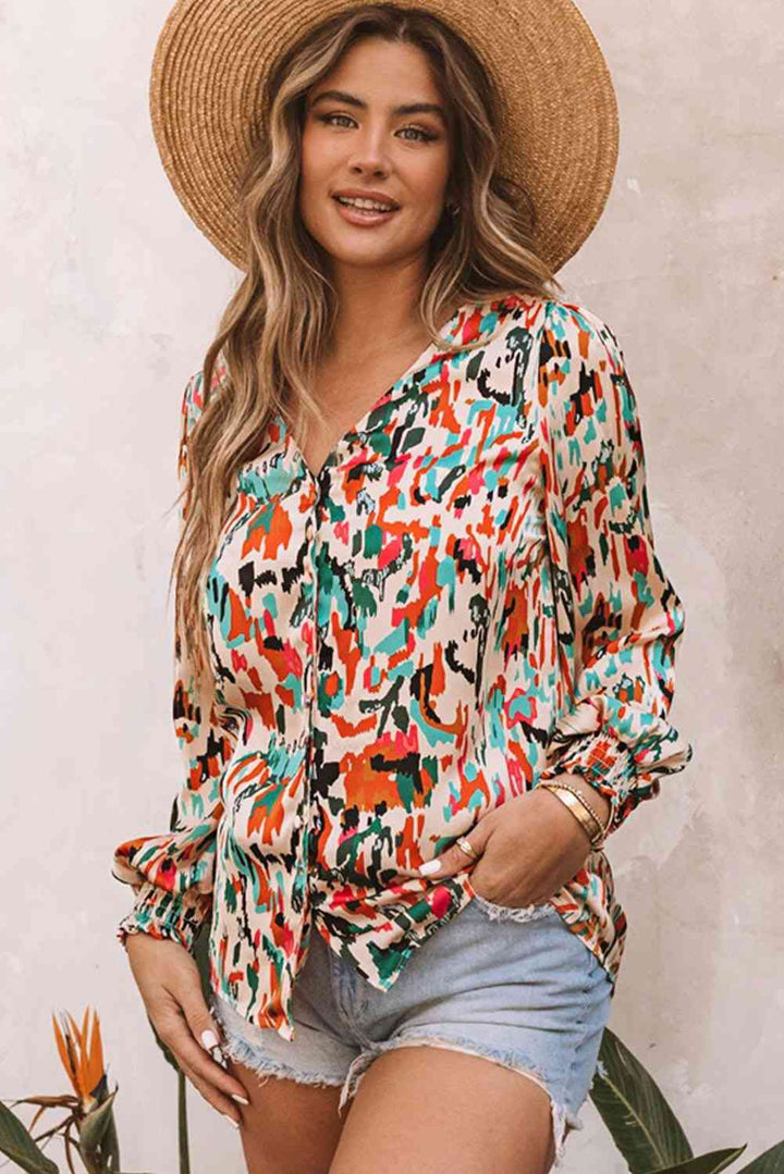 Double Take Multicolored V-Neck Lantern Sleeve Shirt |1mrk.com