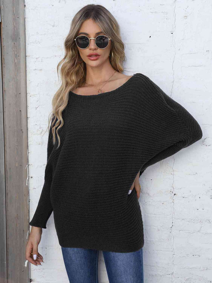 Full Size Horizontal Ribbing Dolman Sleeve Sweater |1mrk.com