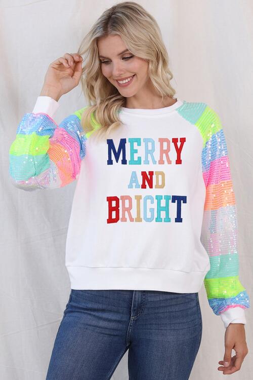 MERRY AND BRIGHT Sequin Long Sleeve Sweatshirt |1mrk.com