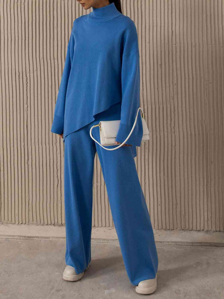 Asymmetrical Hem Knit Top and Pants Set |1mrk.com