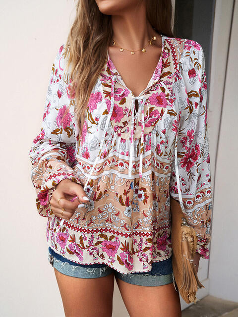 Floral Tie Neck Puff Sleeve Blouse | 1mrk.com