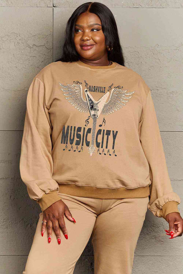 Simply Love Simply Love Full Size Round Neck Dropped Shoulder MUSIC CITY Graphic Sweatshirt |1mrk.com