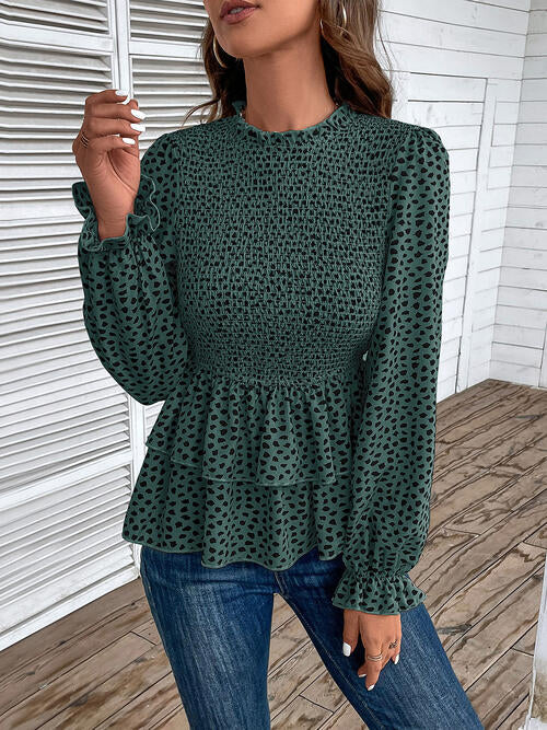 Printed Round Neck Smocked Flounce Sleeve T-Shirt | 1mrk.com